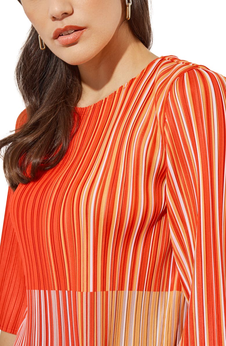 Ming Wang Stripe Plissé Elbow Sleeve Top, Alternate, color, Flame Stripe