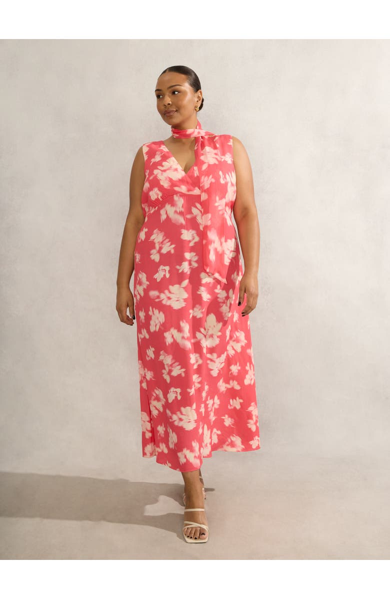 Live Unlimited Floral Midi Dress With Neck Scarf, Main, color, Coral