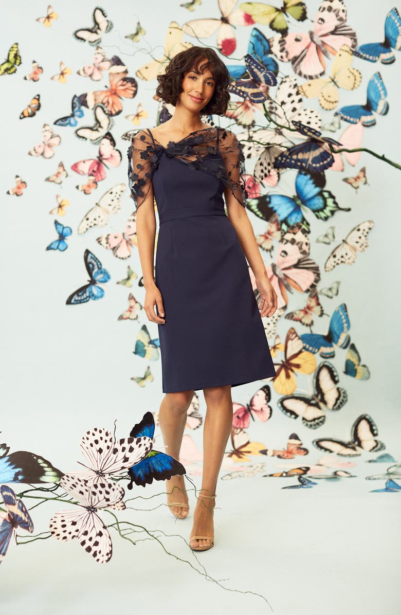 Maggy London Floral Appliqué Detail Cocktail Sheath Dress, Alternate, color,