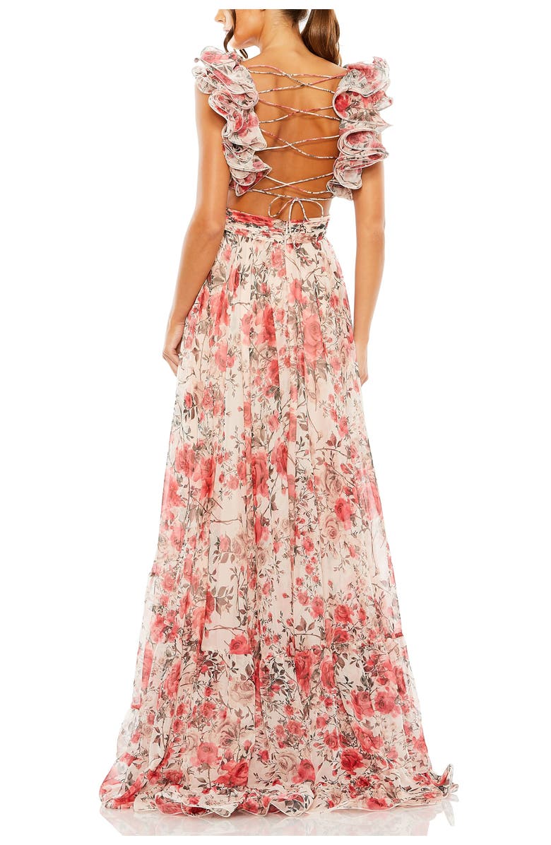 Mac Duggal Tiered Floral Chiffon Gown with Ruffle Accents and Open Back, Alternate, color, Rose Multi