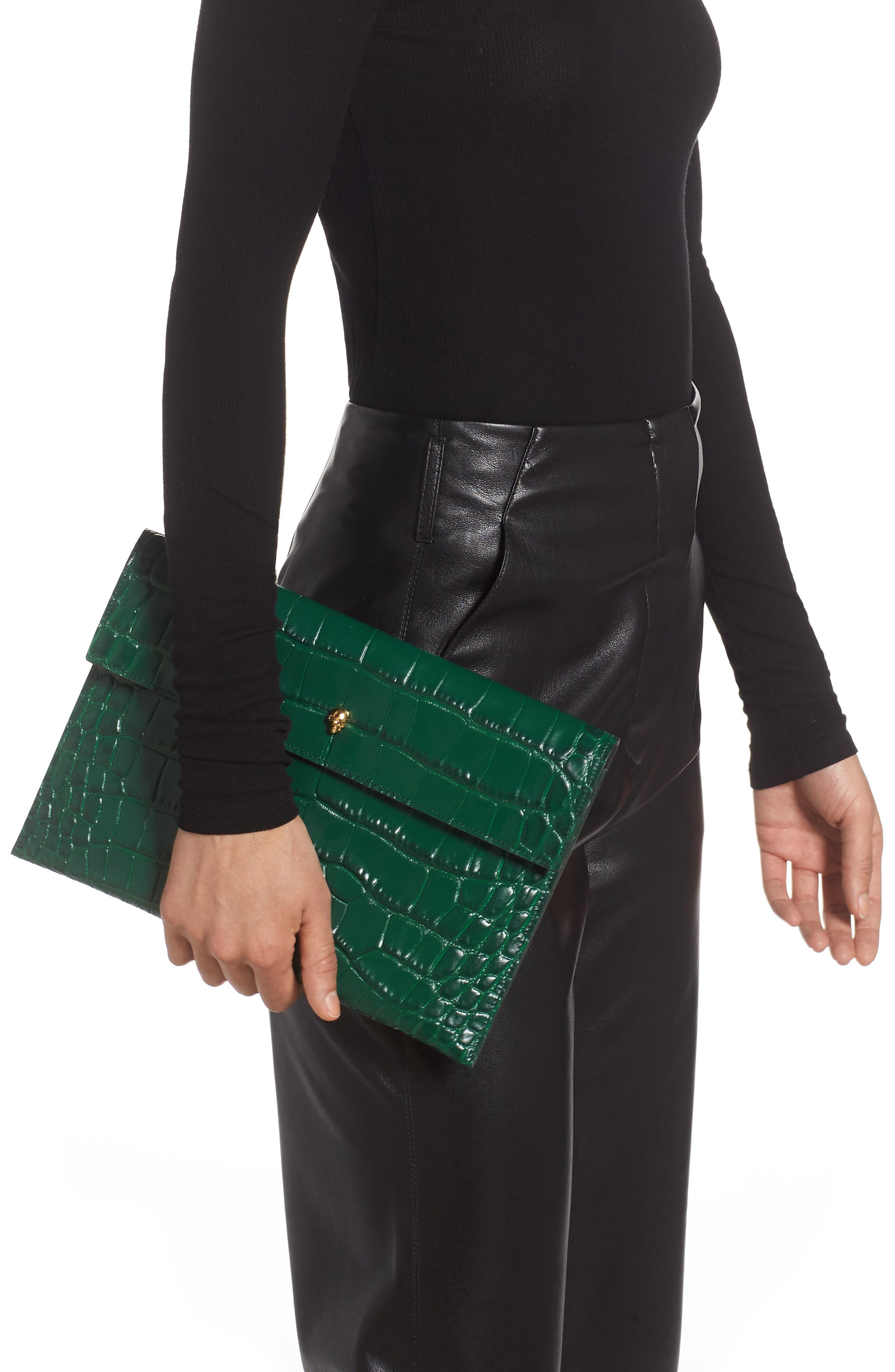 McQueen Alexander McQueen Croc Embossed Leather Envelope Clutch, Alternate, color, 