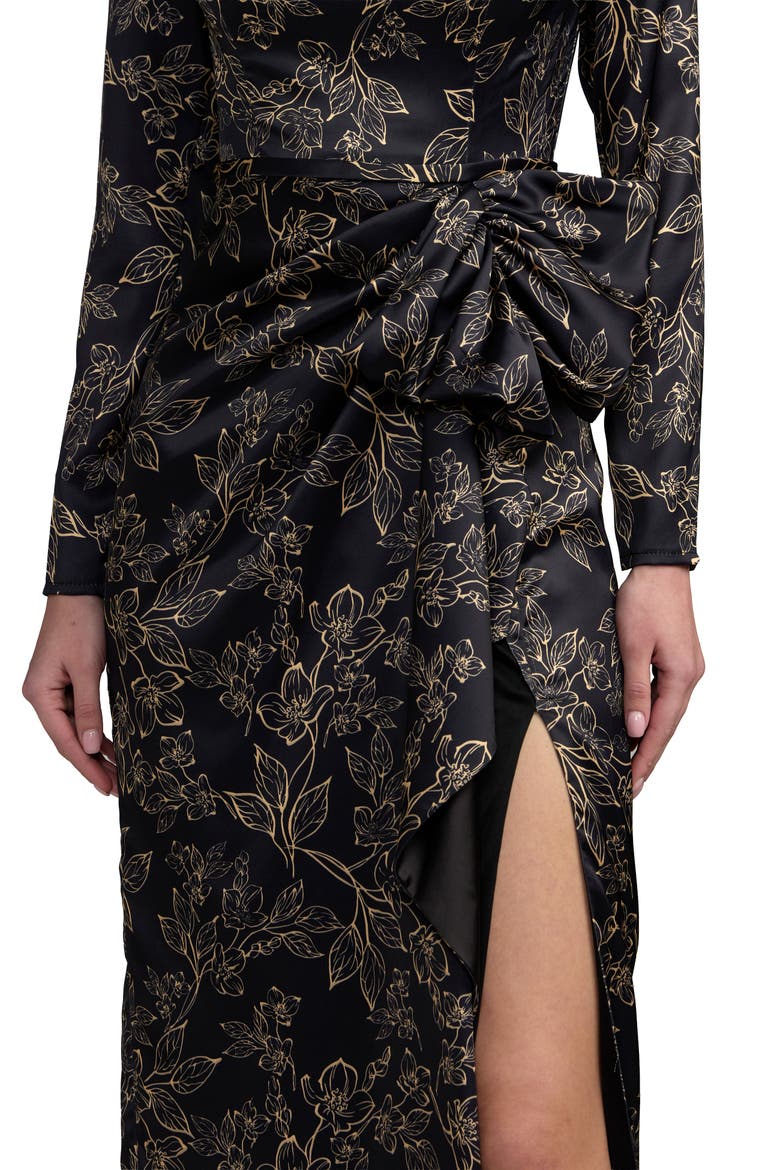Floral Printed Long Sleeve Gown With Bow, Alternate, color, Black Multi