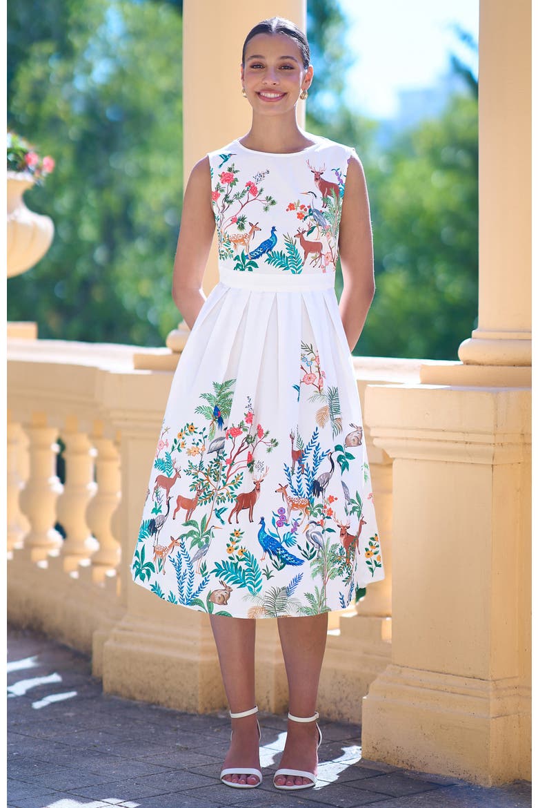 Animal Print Cotton Midi Skater Dress, Alternate, color, White