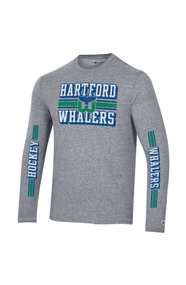Champion Men's Champion Heather Gray Hartford Whalers Tri-Blend Dual-Stripe Long Sleeve T-Shirt, Alternate, color,