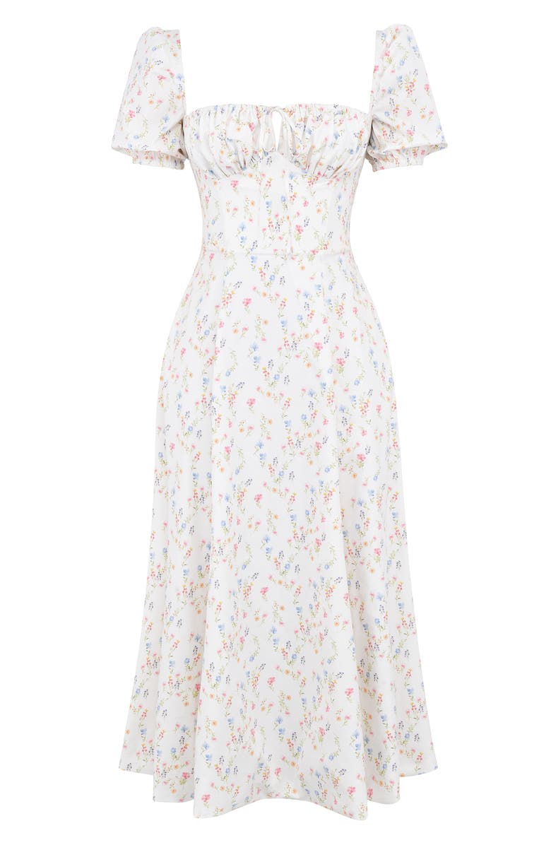 HOUSE OF CB Tallulah Puff Sleeve Midi Dress, Alternate, color, White/ Pink Floral Print