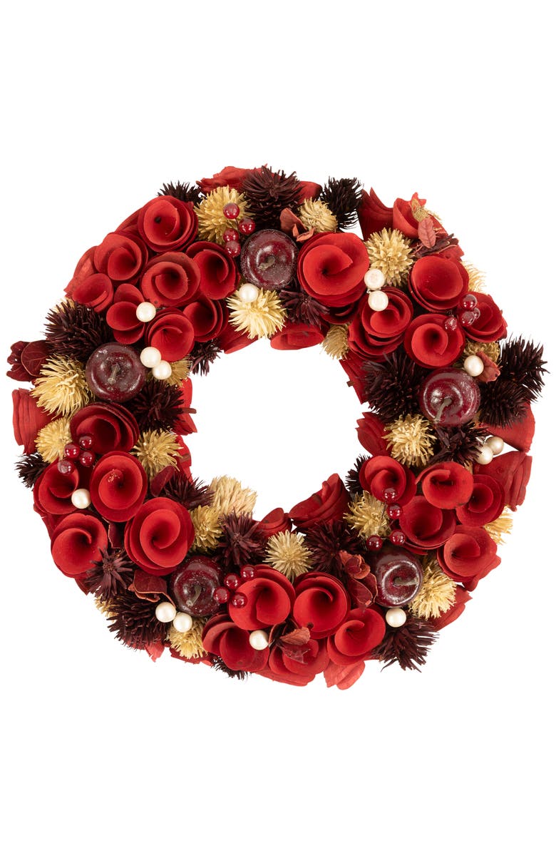 Northlight Wooden Roses, Apples and Pearls Artificial Christmas Wreath - 13" - Unlit - Red, Main, color, Red