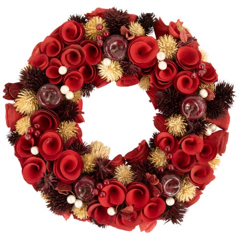 Wooden Roses, Apples and Pearls Artificial Christmas Wreath - 13" - Unlit - Red