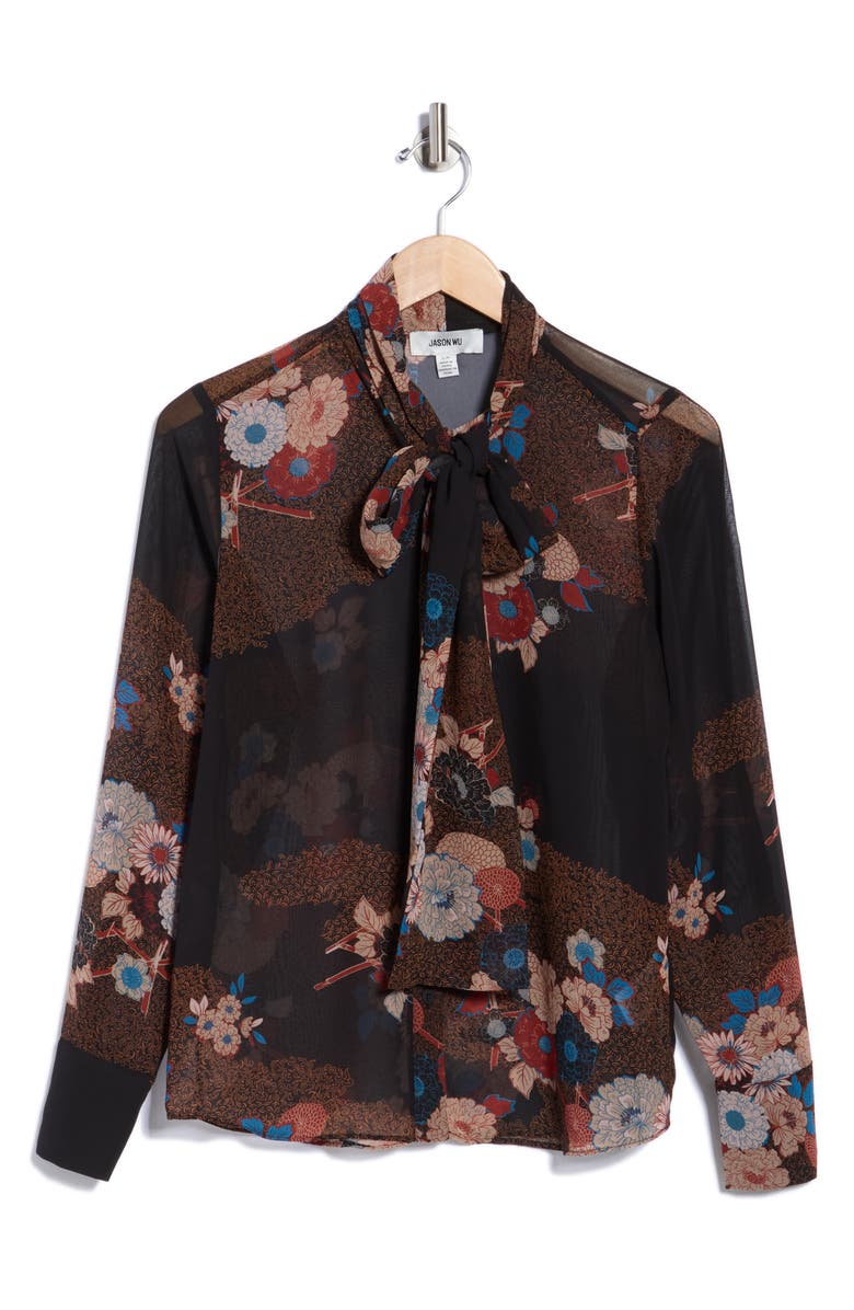 JASON WU Bow Neck Top, Alternate, color, Black Ground Red/ Blue Floral