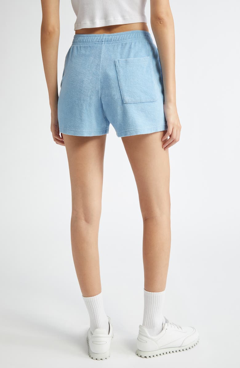 Sporty & Rich Embroidered Logo Cotton Terry Cloth Shorts, Alternate, color, Sky Blue