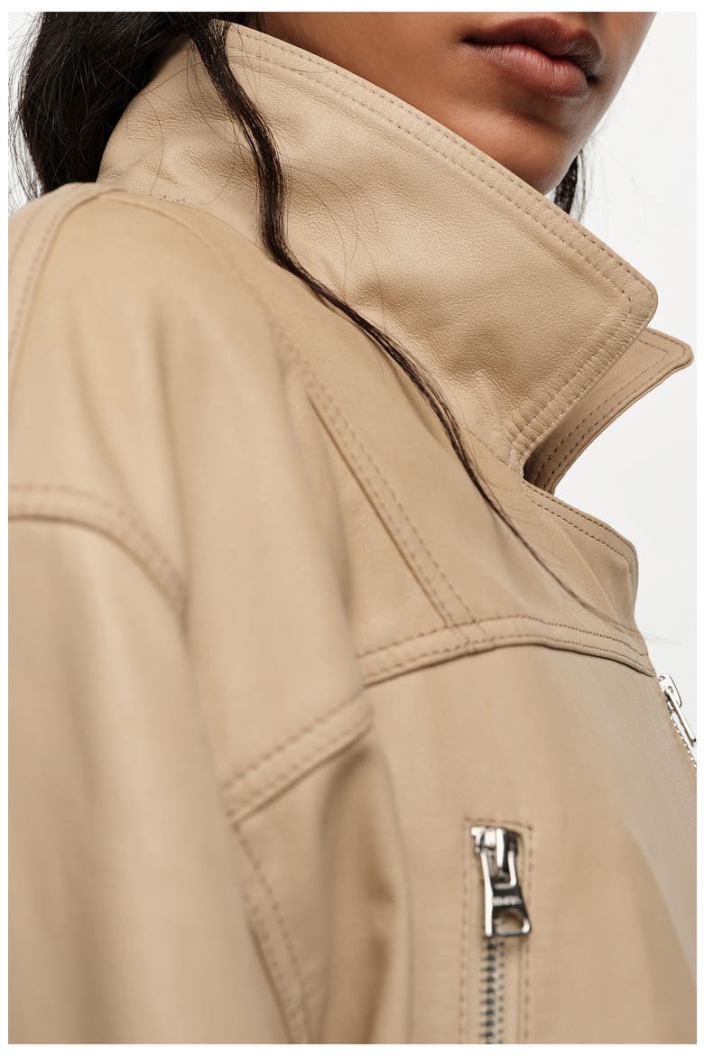 Double-breasted leather jacket with adjustable detailing, Alternate, color, LIGHT STONE