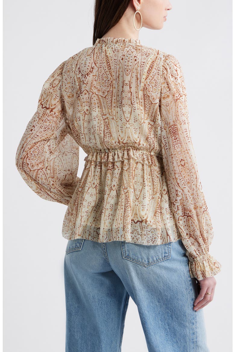 Long Sleeve Chiffon Peplum Top, Alternate, color, IVORY-YELLOW ANTIQUE PAISLEY