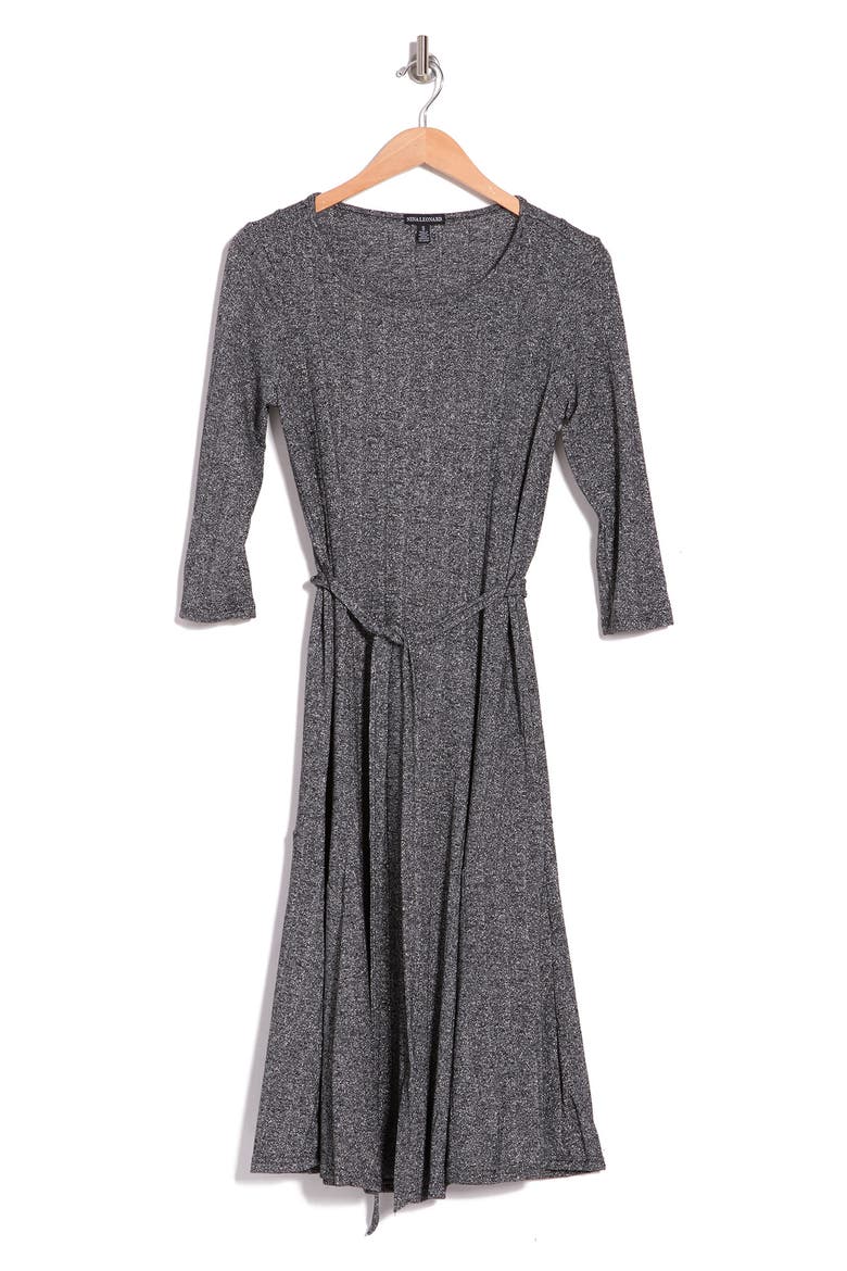 Three-Quarter Sleeve A-Line Metallic Ribbed Midi Dress, Alternate, color, BLACK/SIL