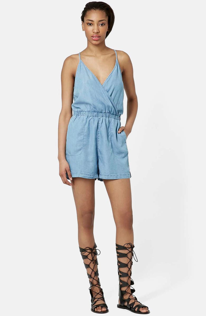 Topshop Moto Surplice Denim Romper, Main, color, 