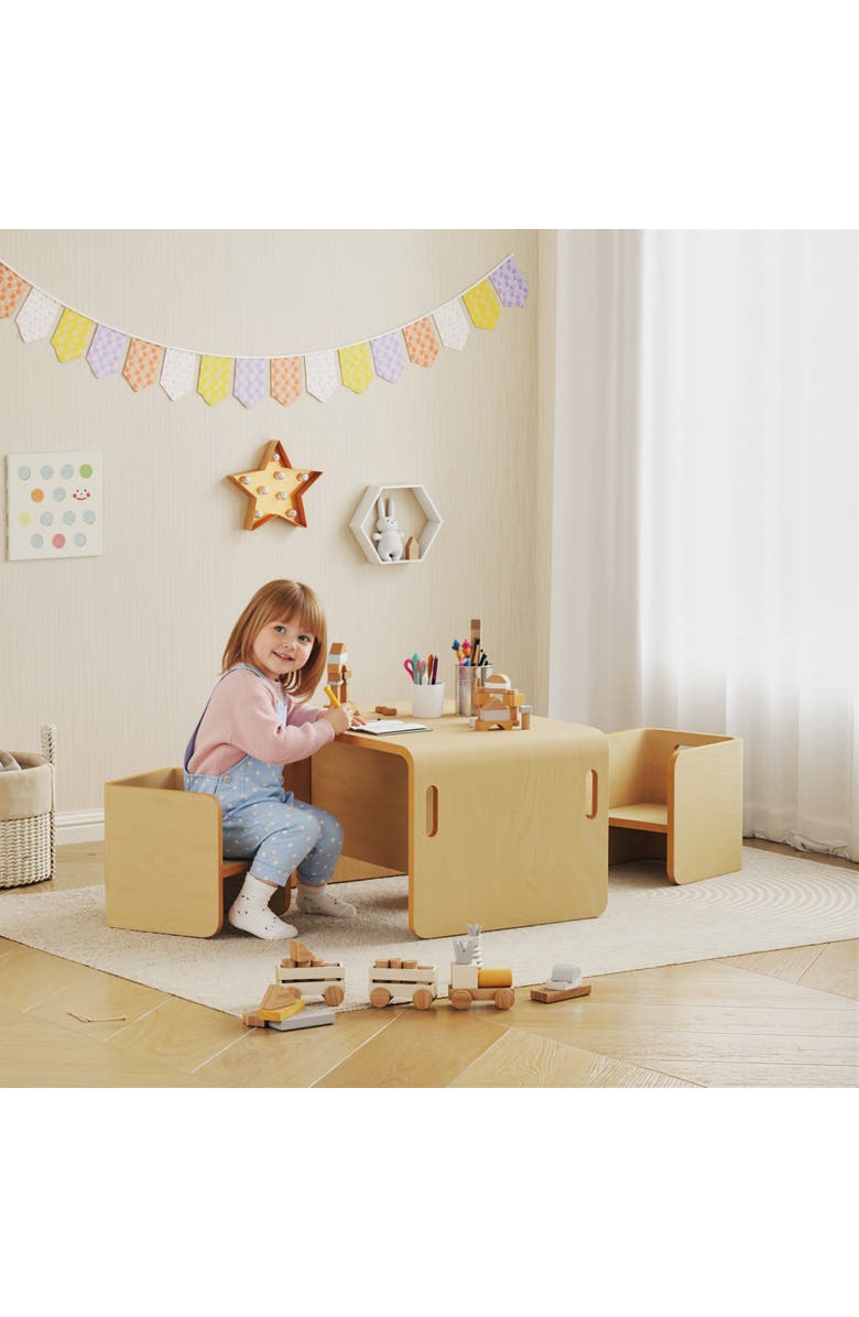 Qaba Toddler Table and Chair Set Wooden Activity Table with Two Kids Montessori Chairs for Ages Play Eating and Learning, Alternate, color, Natural Wood