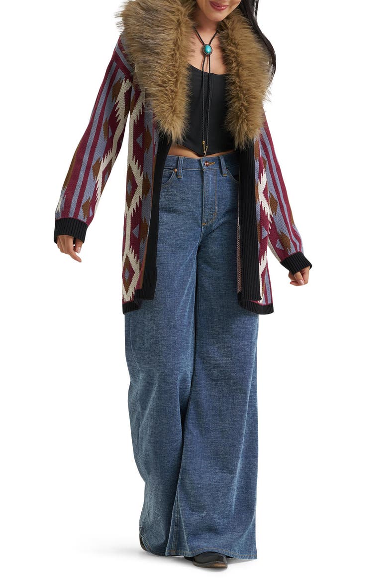 Faux Fur Collar Cardigan, Alternate, color, EXPLODED SOUTHWEST PRINT