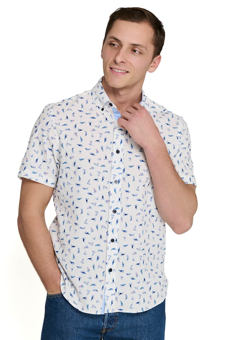 Sailboat Print Short Sleeve Seersucker Button-Up Shirt, Alternate, color, WHITE/ BLUE/ PINK