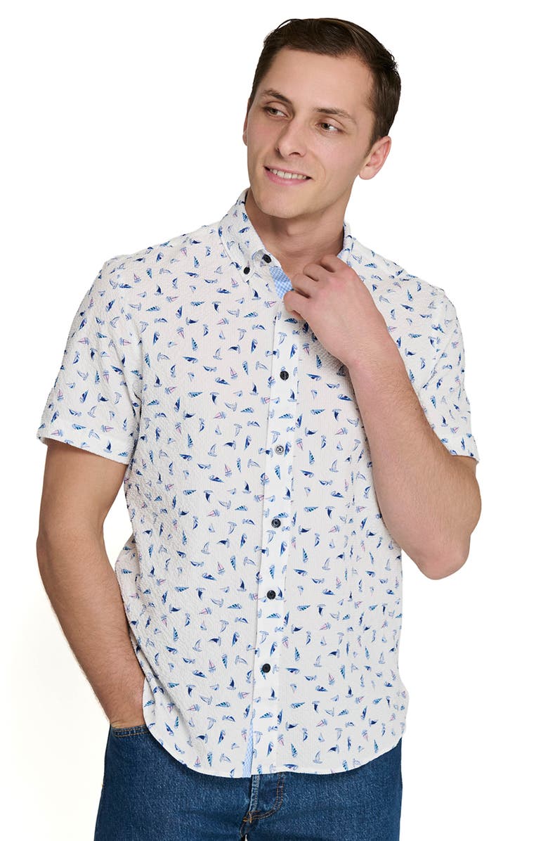 CONSTRUCT Sailboat Print Short Sleeve Seersucker Button-Up Shirt, Alternate, color, White/ Blue/ Pink