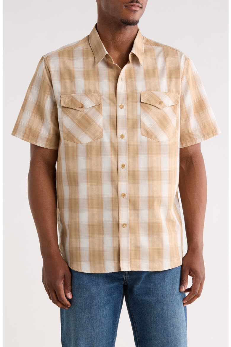 Plaid Short Sleeve Dobby Button-Up Shirt, Main, color, TAN