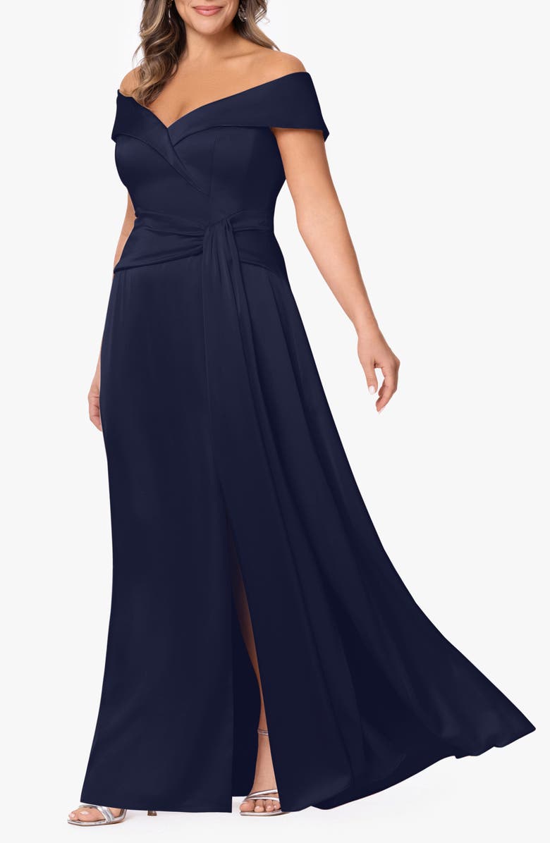 Xscape Evenings Off the Shoulder Satin Gown, Alternate, color, 