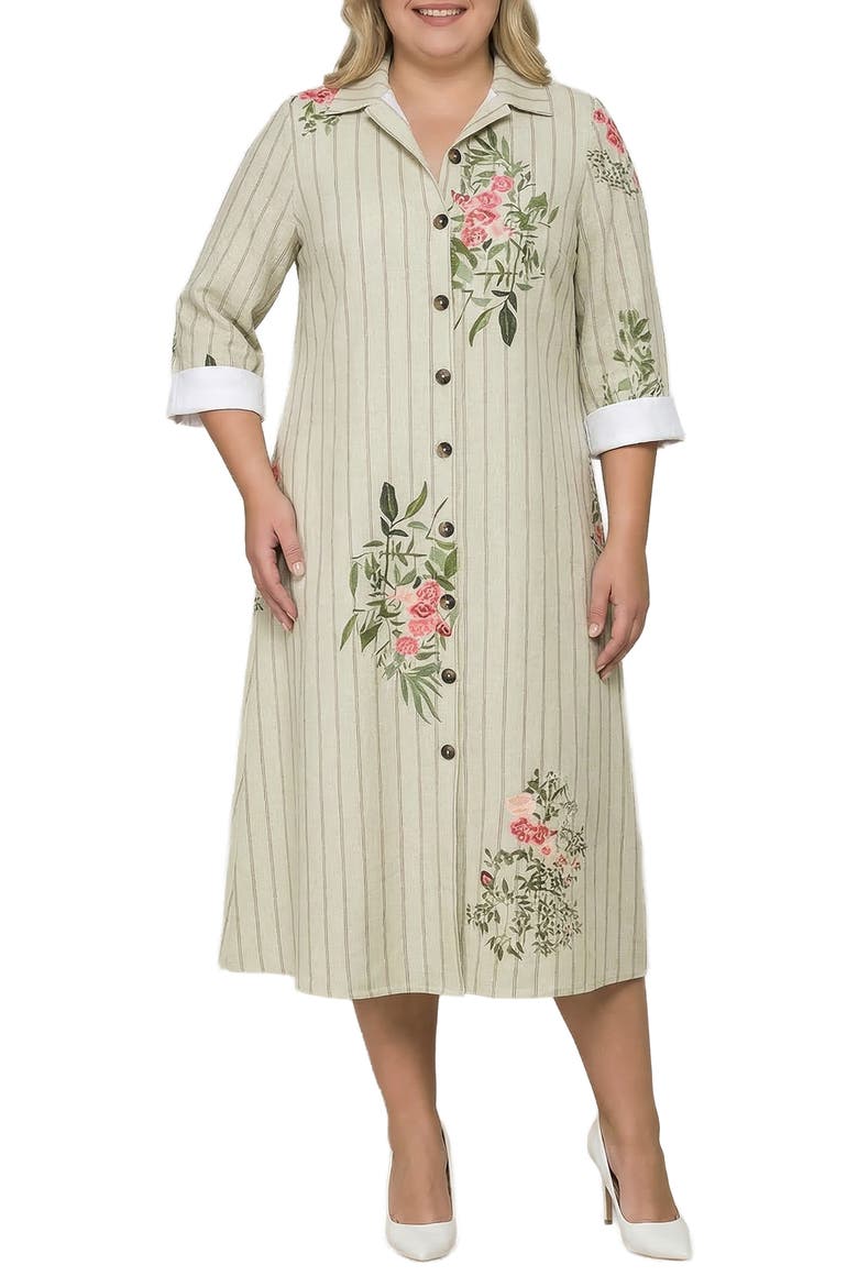 Stripe & Floral Midi Shirtdress, Main, color, BEIGE FLORAL