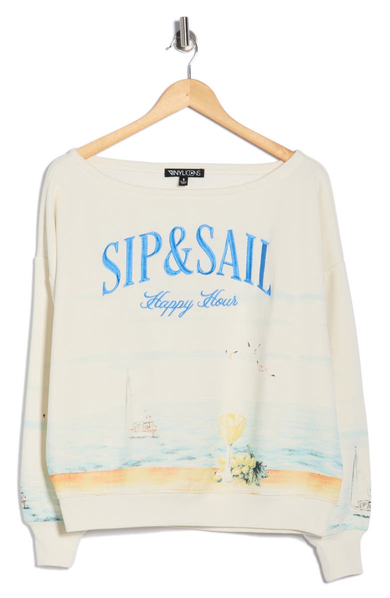 Vinyl Icons Sip & Sail Off The Shoulder Sweatshirt, Alternate, color, Marshmallow