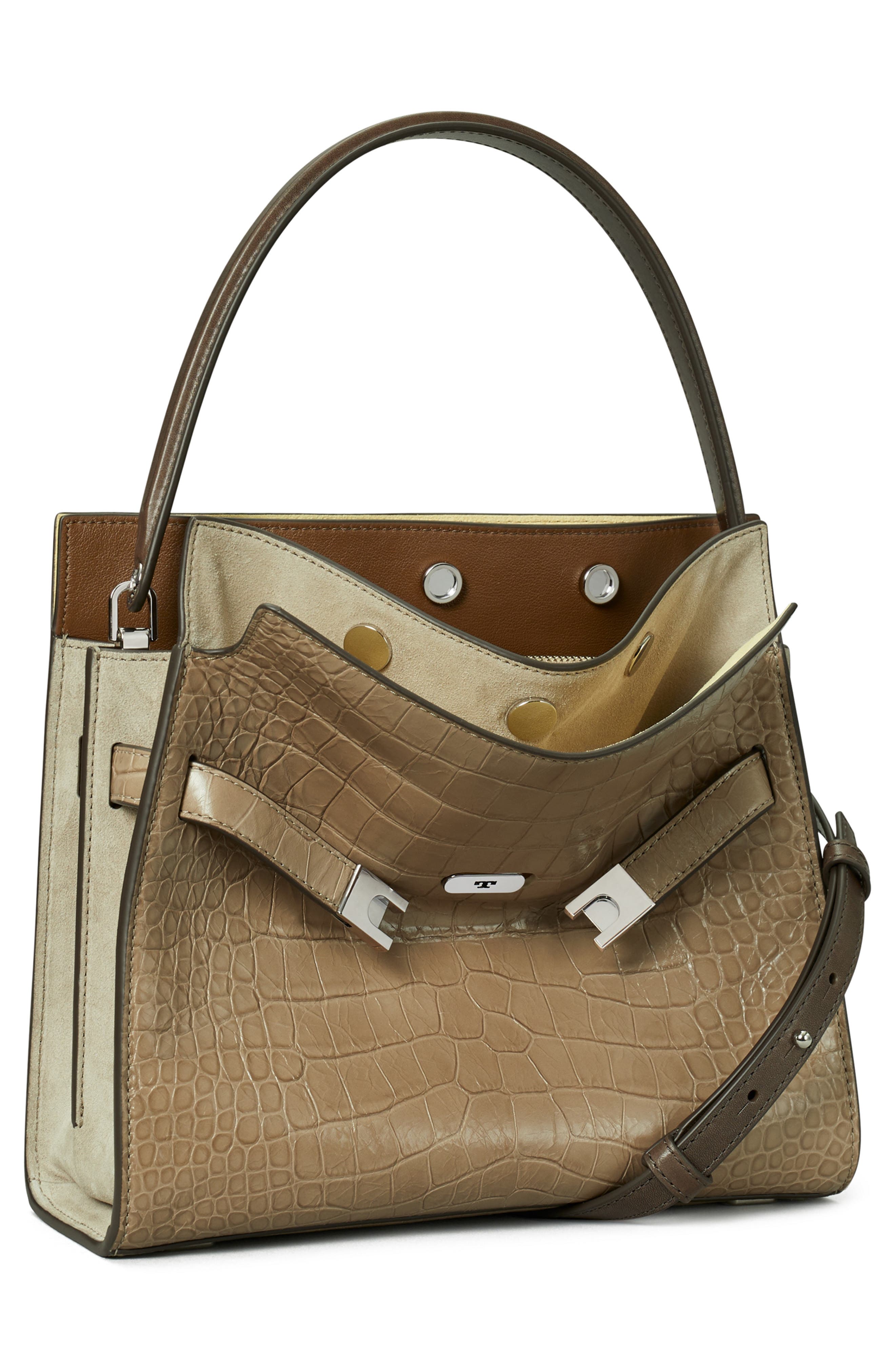 Tory Burch Small Lee Radziwill Croc Embossed Leather Double Bag, Alternate, color, Brown Shale