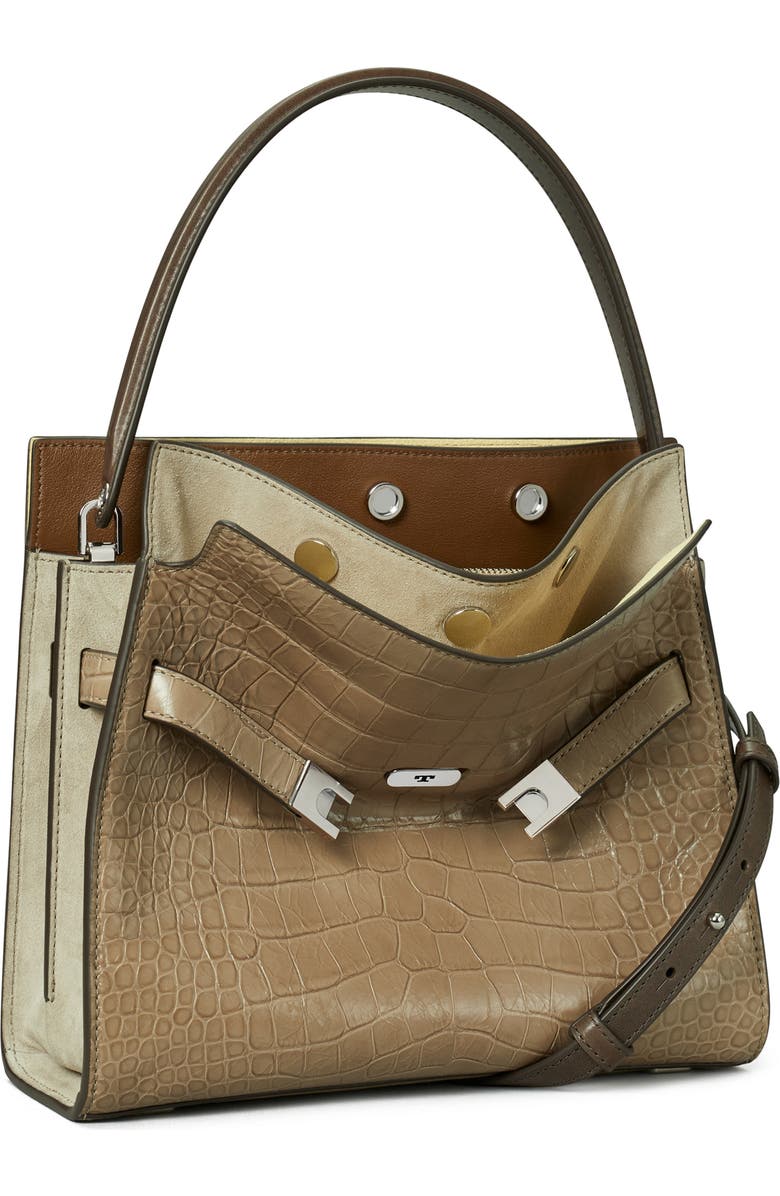 Tory Burch Small Lee Radziwill Croc Embossed Leather Double Bag, Alternate, color, Brown Shale