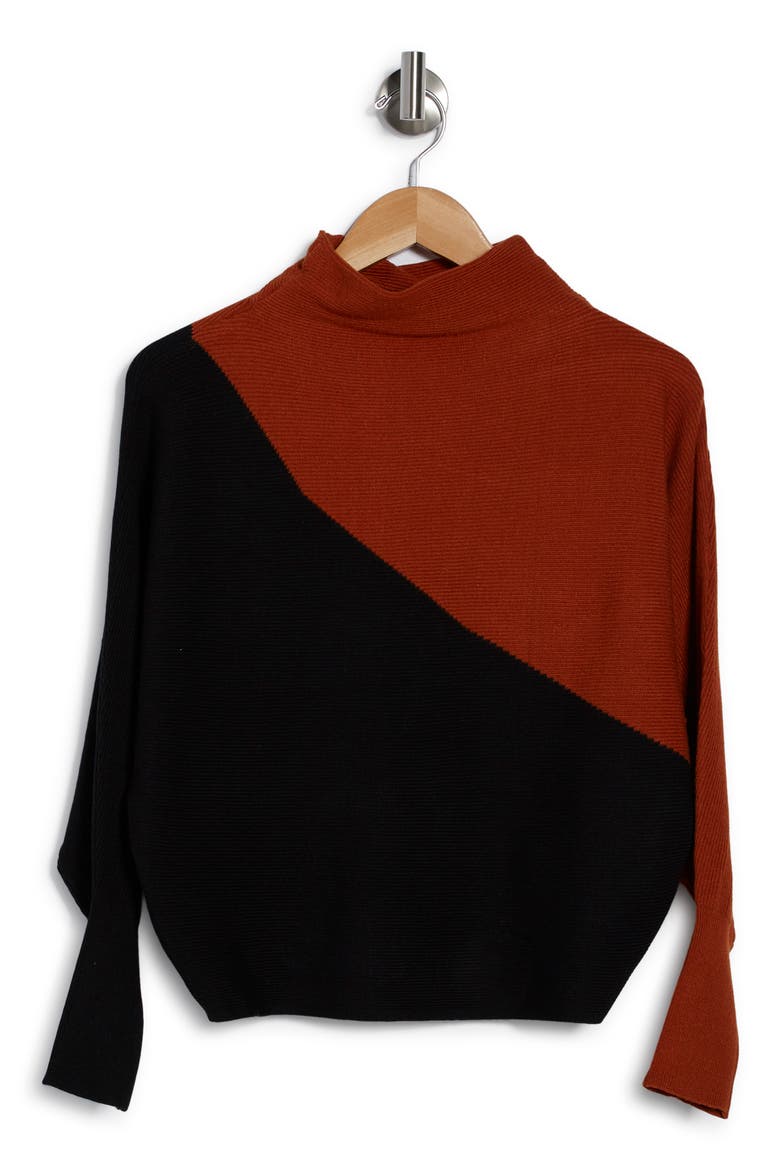 Diagonal Colorblock Mock Neck Dolman Sweater, Alternate, color, BLACK/ COGNAC