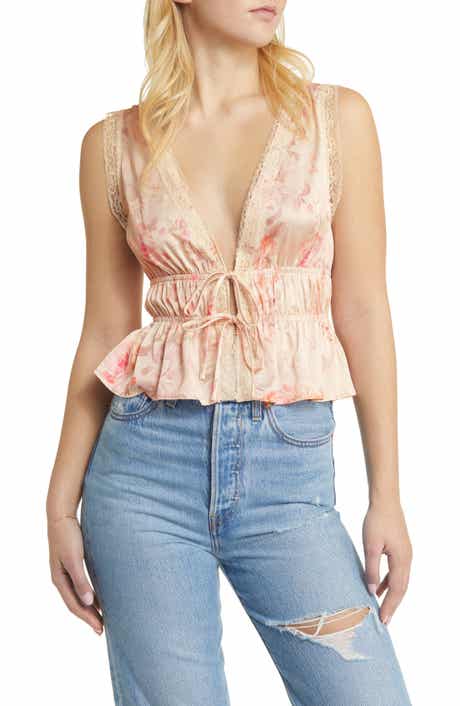 WAYF Beatrix Floral Tie Front Satin Top