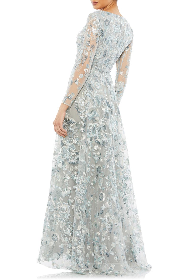 Floral Embroidered Long Sleeve Gown, Alternate, color, PLATINUM