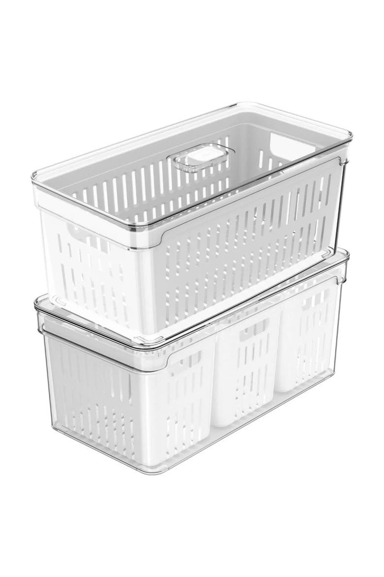 Clear Stackable Fridge Organizer Bin with Drain Basket and Vented Lid, 2 Pack, Main, color, Clear with White Drainer