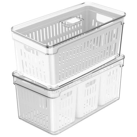 Clear Stackable Fridge Organizer Bin with Drain Basket and Vented Lid, 2 Pack
