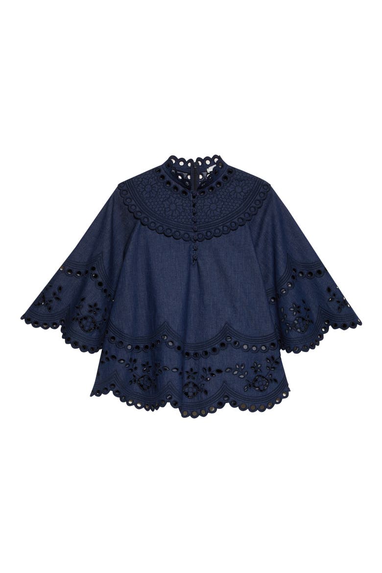 Mahon Broderie Anglaise Denim Cape Top, Alternate, color, INK