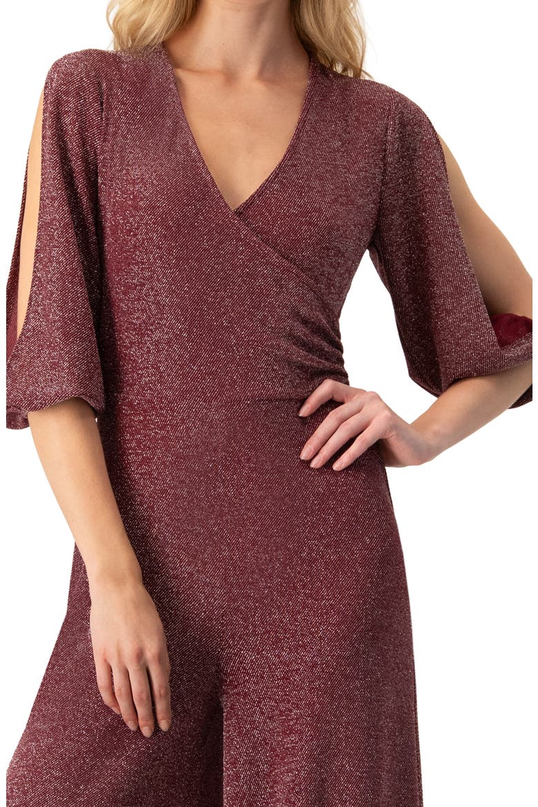 Shimmering V-Neck Jumpsuit with 3/4 Sleeves, Alternate, color, Wine