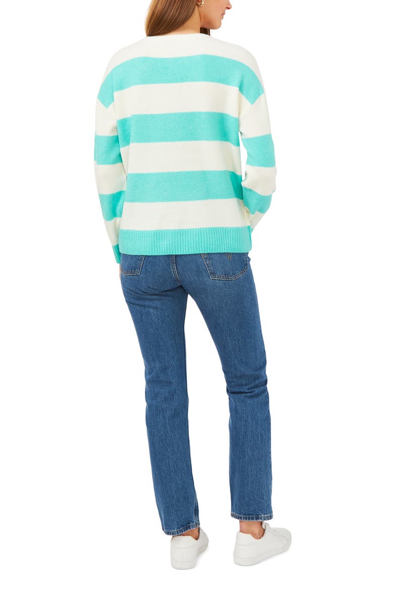 Stripe V-Neck Sweater, Alternate, color, BRILLIANT AQUA