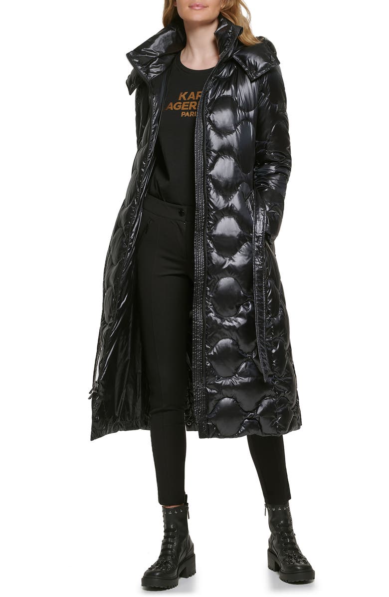 KARL LAGERFELD PARIS Onion Quilt Maxi Water Resistant Down Parka & Belt Bag, Main, color, 