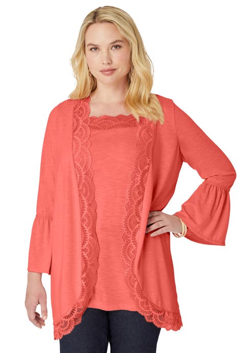 Lace-Detailed Cardigan and Tank Set (Plus)