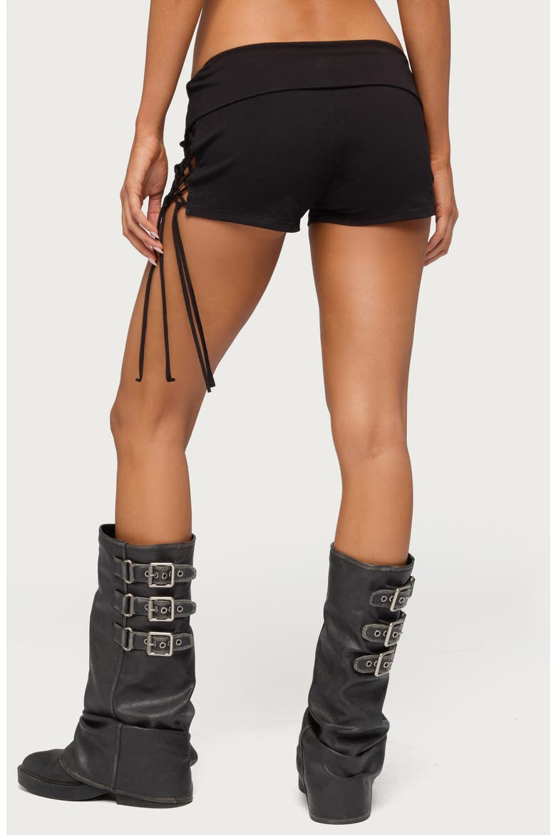 Saffyre Foldover Low Rise Lace-Up Shorts, Alternate, color, BLACK