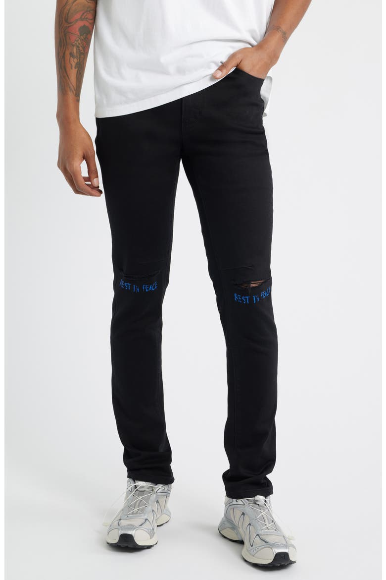Bryant Ripped Skinny Jeans, Main, color, BLACK BLUE REST IN PEACE