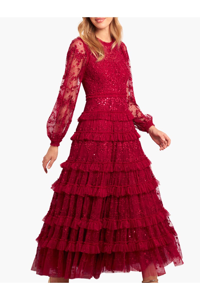Blossom Long Sleeve Lace Ankle Gown, Alternate, color, Red