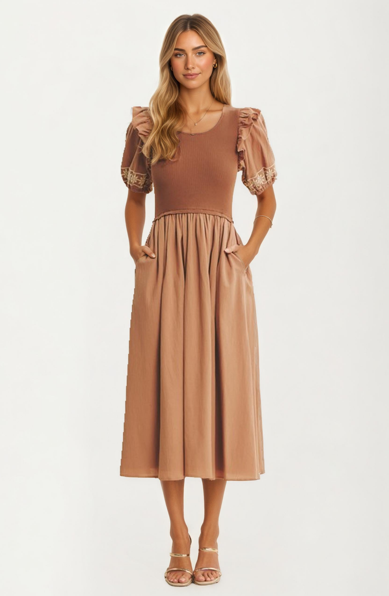 Knit and Lounge Embroidered Detail Puff Sleeve Midi Dress, Alternate, color, 