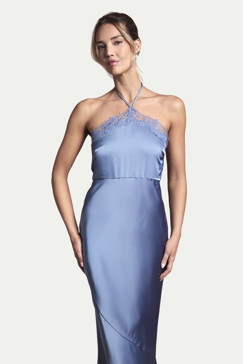 Halter Satin Maxi Bridesmaid Dress, Alternate, color, Blue