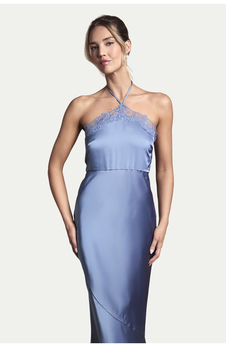 Oasis Halter Satin Maxi Bridesmaid Dress, Alternate, color, Blue