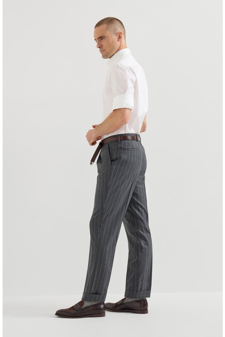 Super 150s virgin wool wide chalk stripe batavia trousers with pleat, Alternate, color, Grey