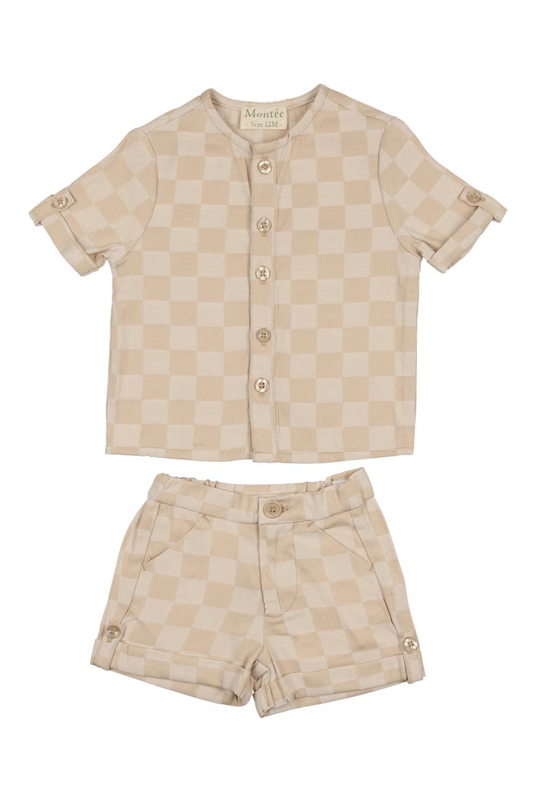 Kids' Check Button-Up Shirt & Shorts Set, Main, color, BEIGE
