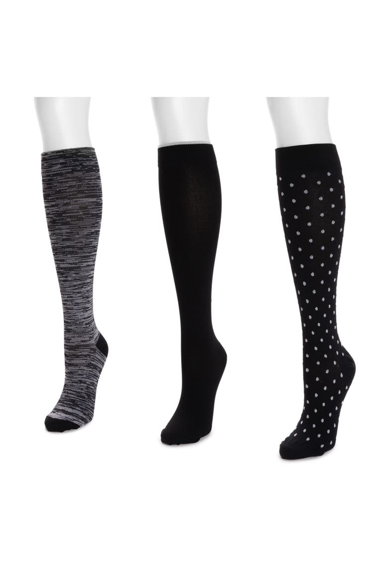 Nylon Compression Knee-High Socks 3 Pair Pack Wide Size, Alternate, color, Black Multi