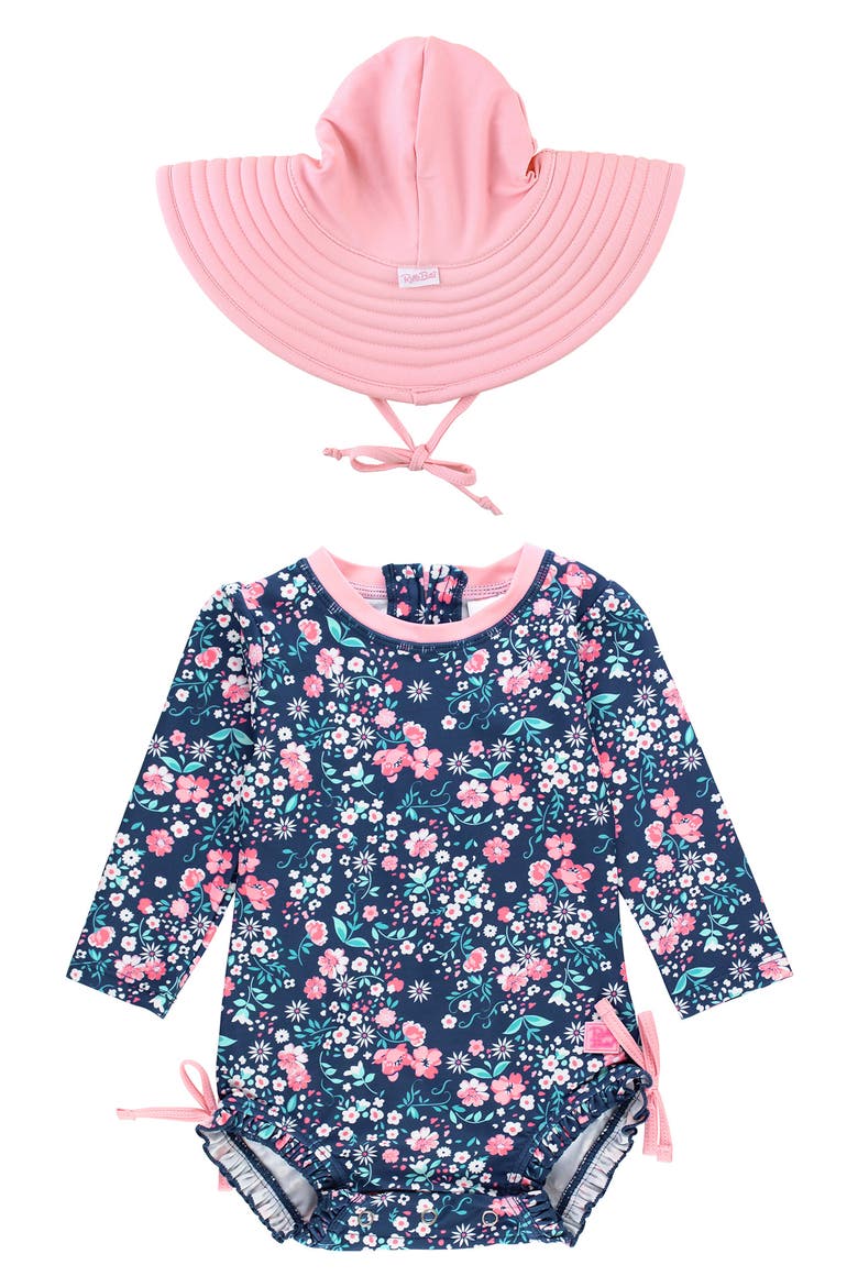 Moonlit Meadow One-Piece Rashguard Swimsuit & Hat Set, Main, color, BLUE