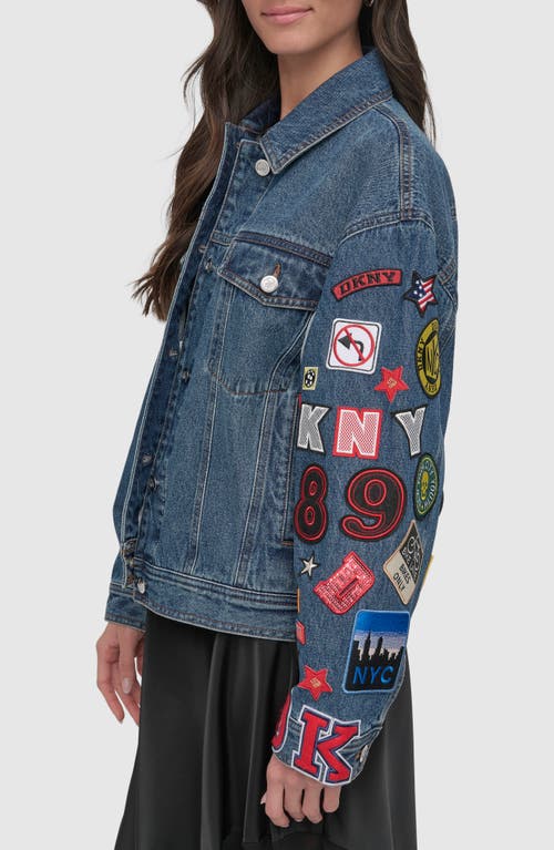 Shop Dkny Patch Detail Denim Trucker Jacket In Ludlow Wash