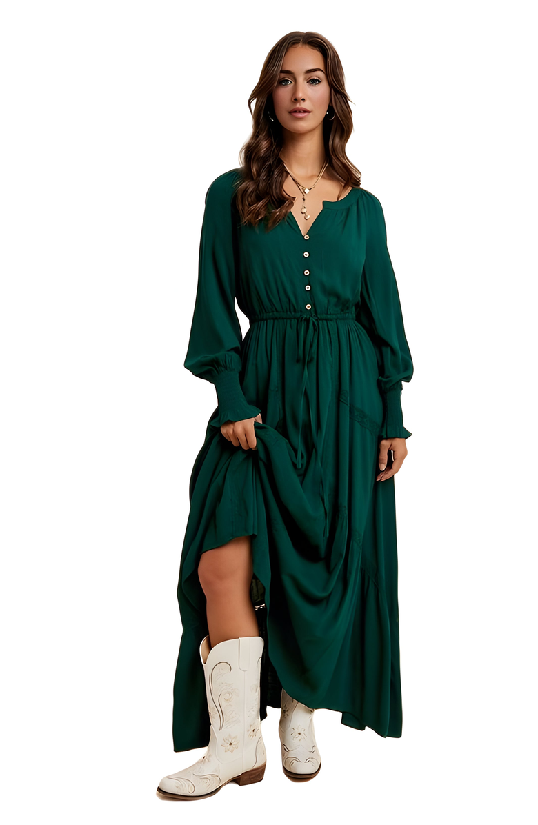 Knit and Lounge Long Sleeve Front Button Waist Tie Maxi Dress, Alternate, color, Emerald
