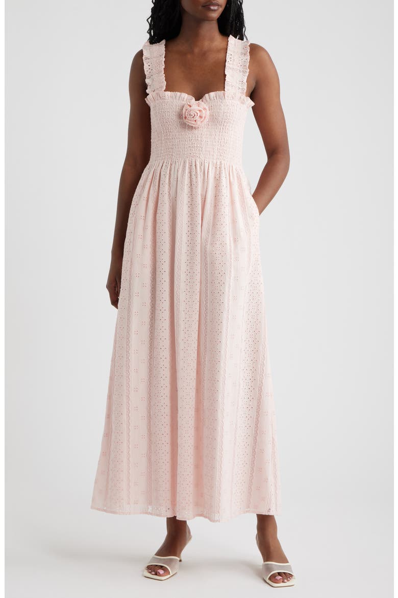 Rosetta Nap Smocked Bodice Cotton Broderie Anglaise Sundress, Main, color, POWDER PINK